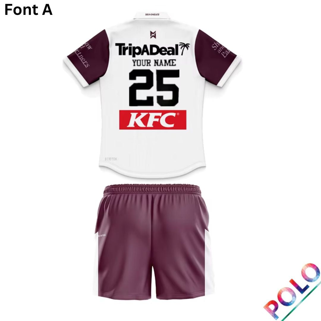 Manly Warringah Sea Eagles 2025 Kids Away Polo Shirt and Shorts Kit