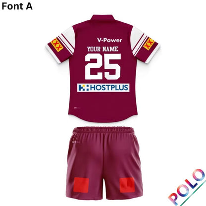 Queensland Maroons 2025 State Of Origin Kids Harvey Norman Polo Shirt and Shorts Kit