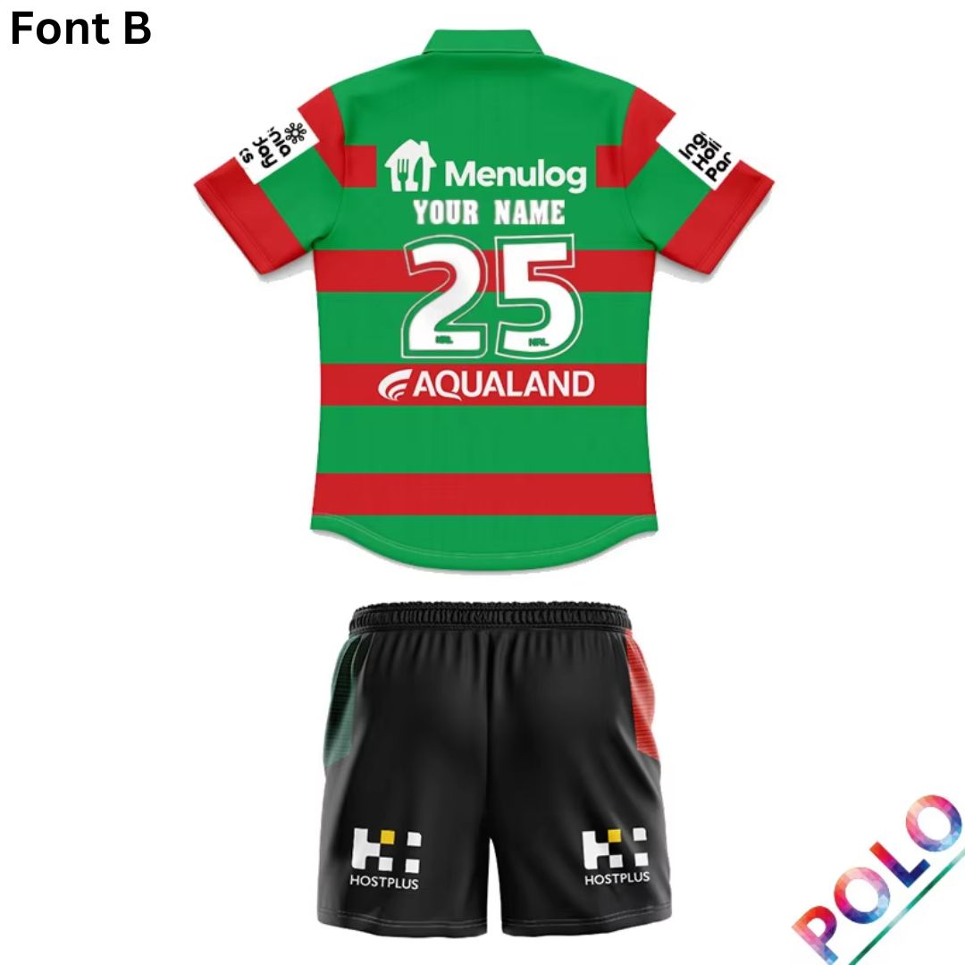 South Sydney Rabbitohs 2025 Kids Away Polo Shirt and Shorts Kit