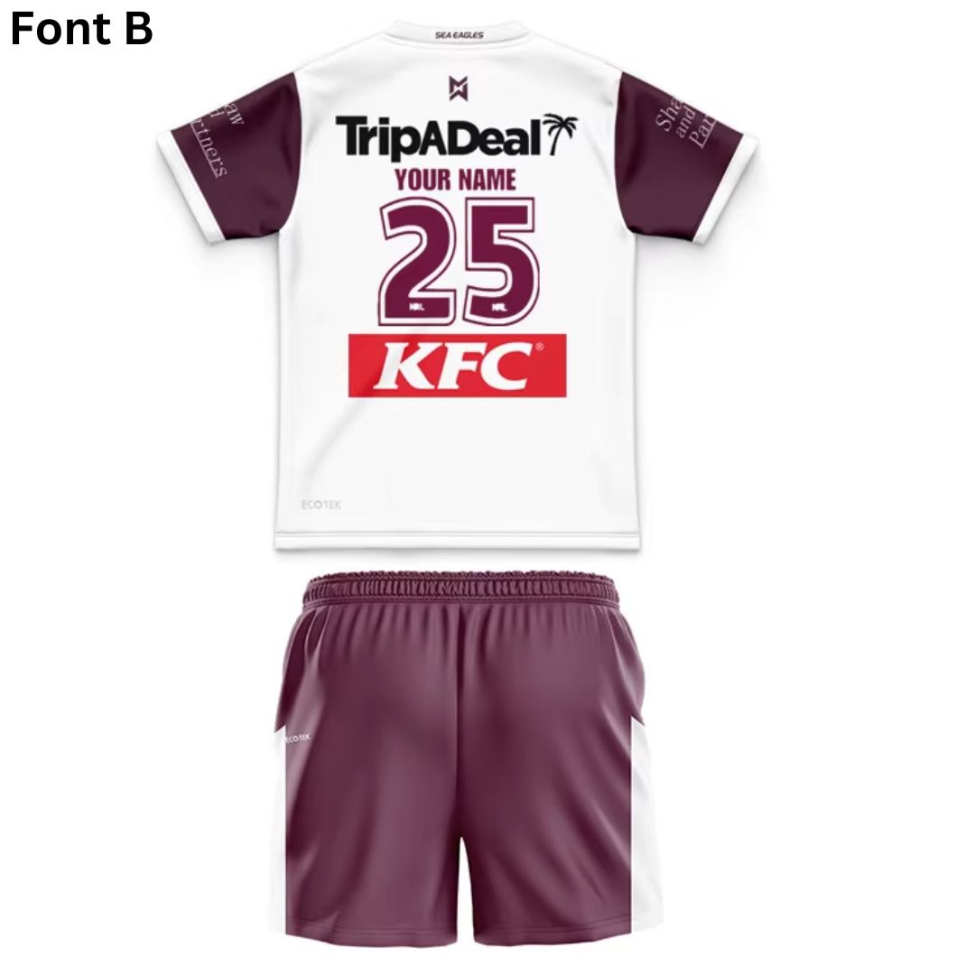 Manly Warringah Sea Eagles 2025 Kids Away Shirt and Shorts Kit