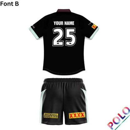 Brisbane Broncos 2025 Kids Black Front Polo Shirt and Shorts Kit
