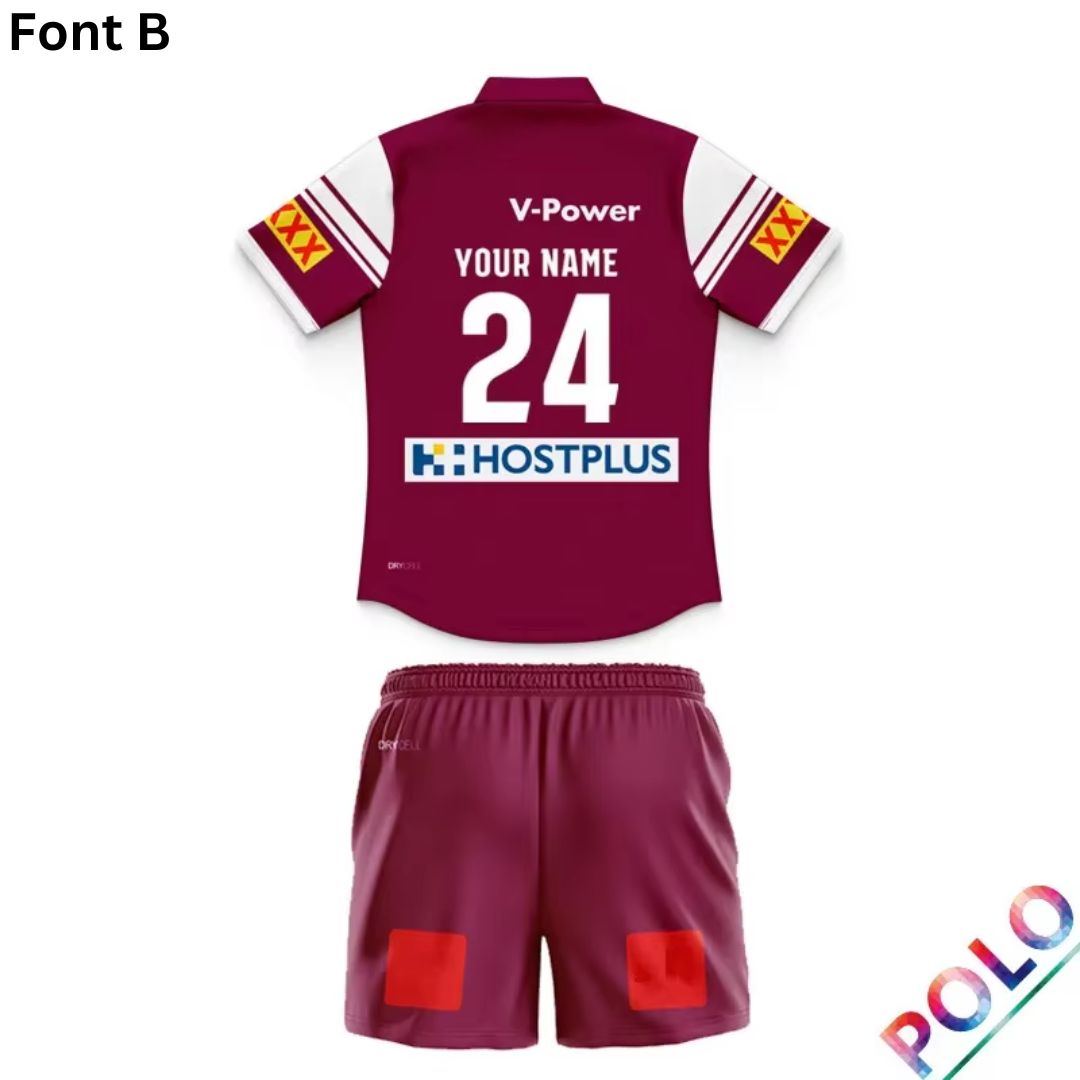 Queensland Maroons 2025 State Of Origin Kids Harvey Norman Polo Shirt and Shorts Kit