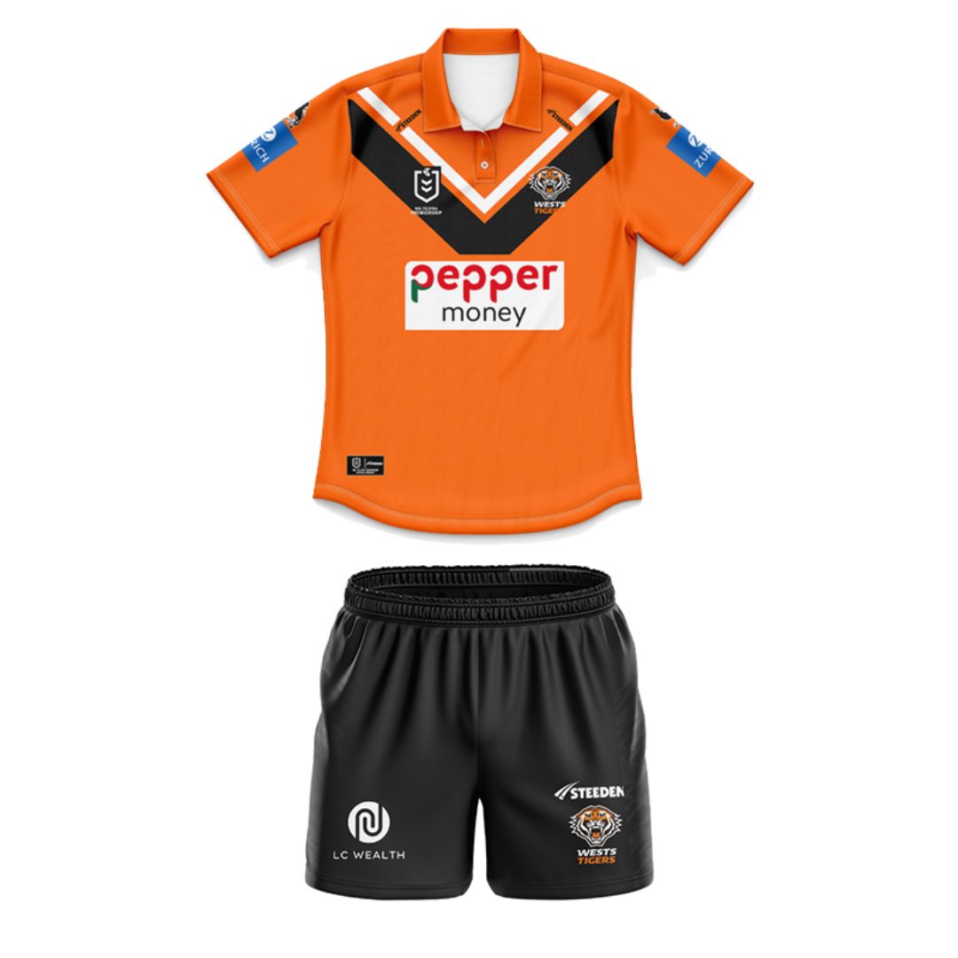 Wests Tigers 2025 Kids Away Polo Shirt and Shorts Kit