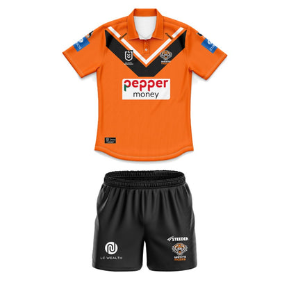 Wests Tigers 2025 Kids Away Polo Shirt and Shorts Kit