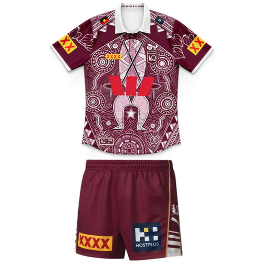 Queensland Maroons 2026 State Of Origin Kids Indigenous Polo Shirt and Shorts Kit