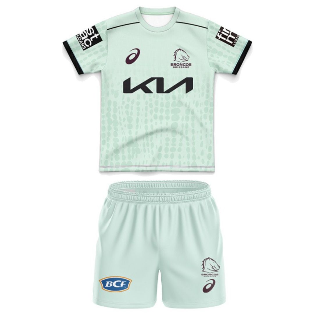 Brisbane Broncos Kids Mint Green Training Jersey and Shorts Kit