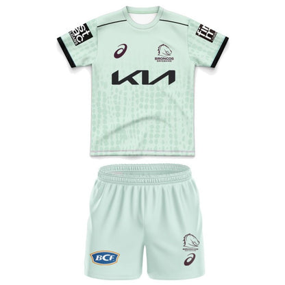 Brisbane Broncos Kids Mint Green Training Jersey and Shorts Kit