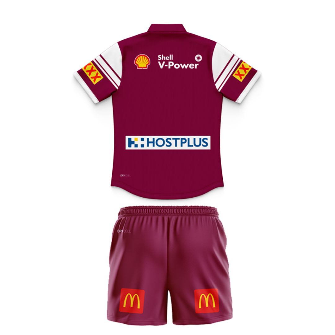 Queensland Maroons 2025 State Of Origin Kids Harvey Norman Polo Shirt and Shorts Kit