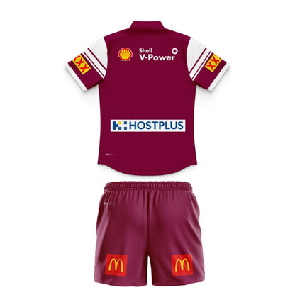 Queensland Maroons 2025 State Of Origin Kids Harvey Norman Polo Shirt and Shorts Kit