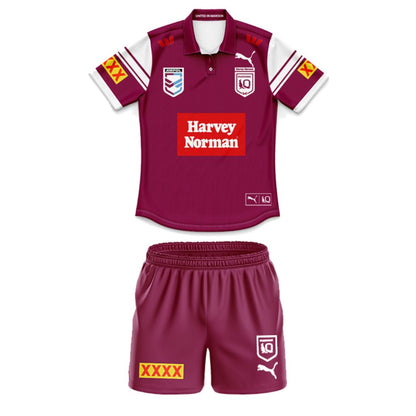 Queensland Maroons 2025 State Of Origin Kids Harvey Norman Polo Shirt and Shorts Kit
