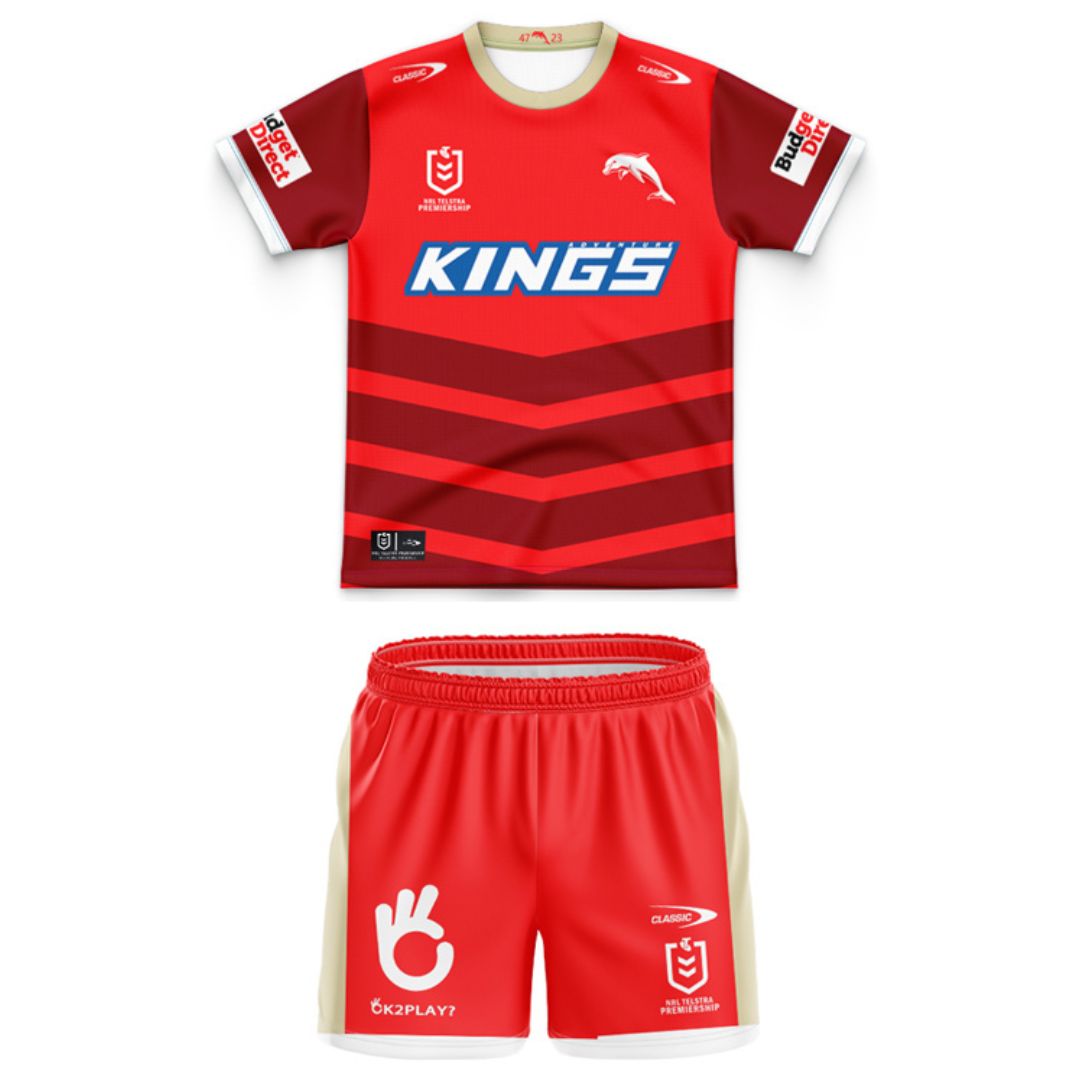 Redcliffe Dolphins 2025 Kids Home Jersey and Shorts Kit