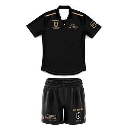 2024 Penrith Panthers Premiers 4 In a Row Kids Black Polo Shirt and Shorts Kit