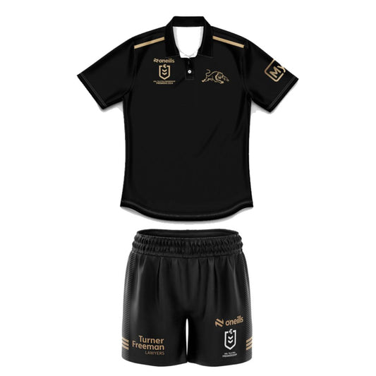 2024 Penrith Panthers Premiers 4 In a Row Kids Black Polo Shirt and Shorts Kit