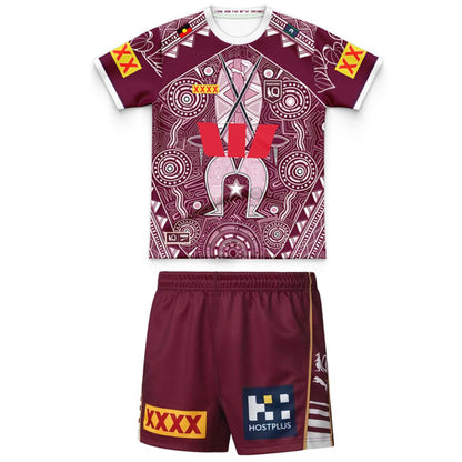 Queensland Maroons 2026 State Of Origin Kids Indigenous Jersey and Shorts Kit