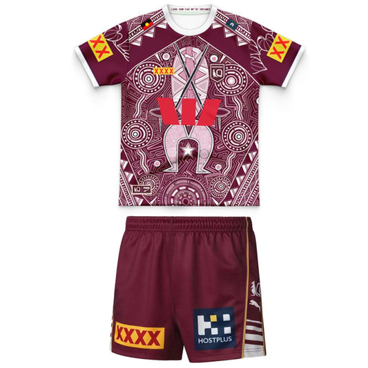 Queensland Maroons 2026 State Of Origin Kids Indigenous Jersey and Shorts Kit