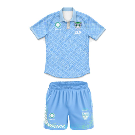 New Zealand Warriors 2025 Kids Blue Pasifika Polo Shirt and Shorts Kit